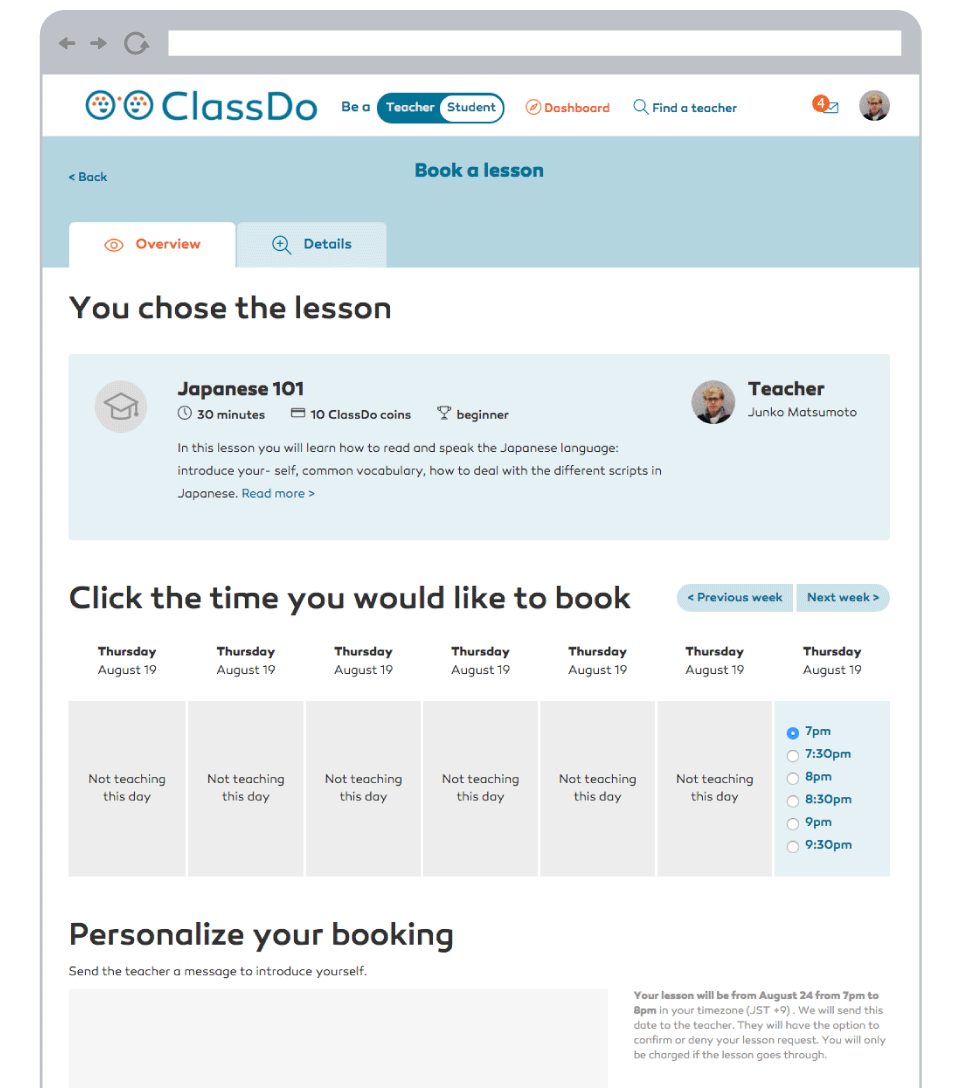 ClassDo - A Knowledge Market and Learning Platform - Student Choose lesson time