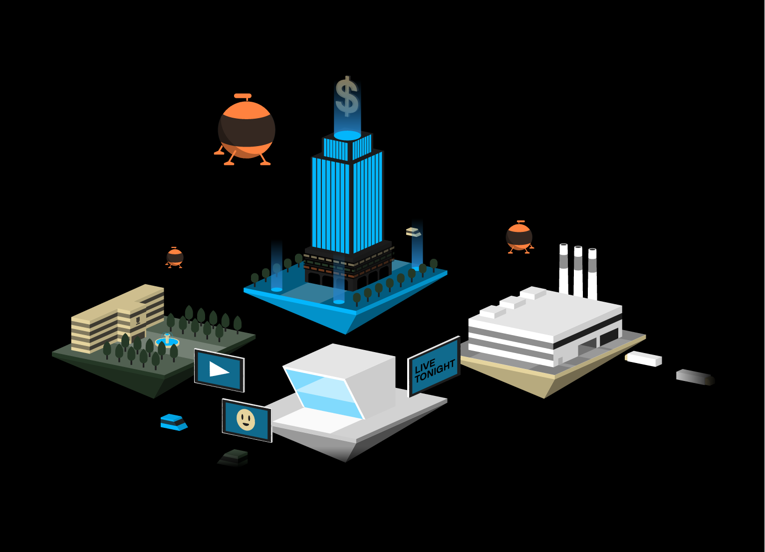 Asial - Custom Illustrations - Industry Overview page: Asial can help industries such as finance, manufacturing, education or media visualized as a futuristic city.